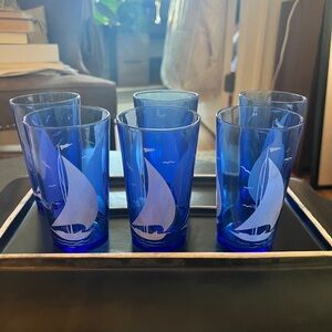 Vintage Set/5 Hazel Atlas Cobalt Blue Glass Sailboat Tumblers - Sportsman Series